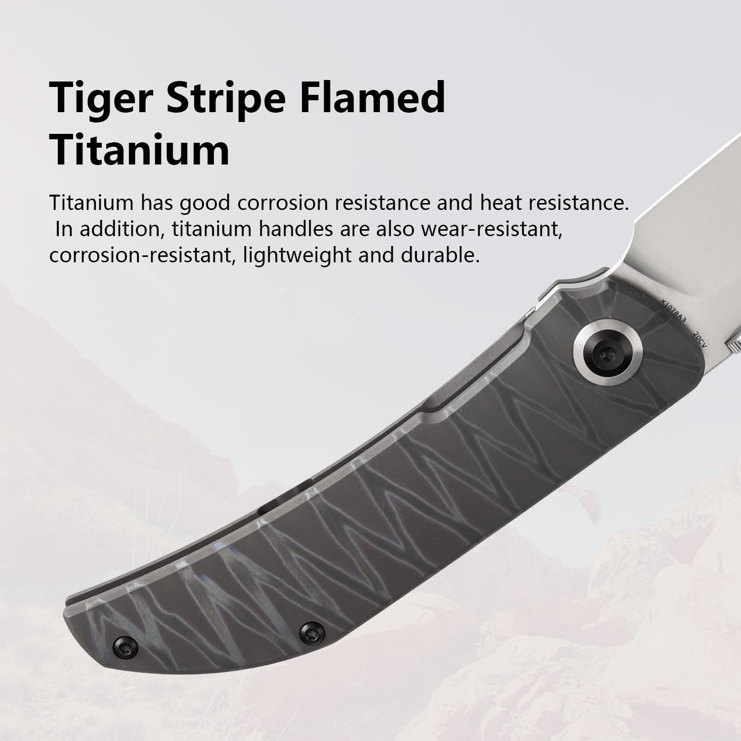 KANSEPT Tarkin Camping Pocket Knives for Men 7.87in Folding Pocket Knives with 3.42in Satin CPM20CV Material and Tiger Stripe Flamed Titanium Handle for Outdoor, Tactical, Survival K1078A3