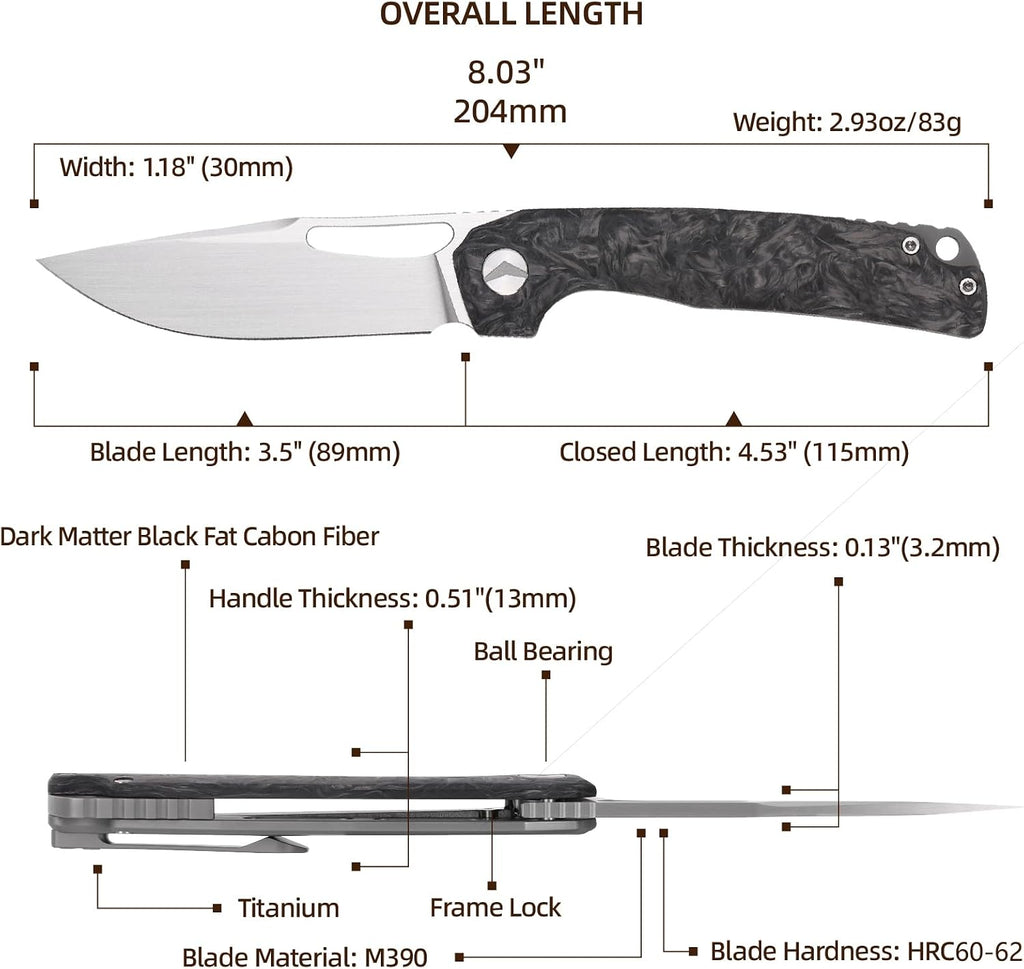 Pocket Knife, 3.5' M390 Blade Folding Knife Hunting Knife Survival Knife with Pocket Clip, EDC Knives for Hunting Camping Survival Outdoor Fishing Hiking (Black&Grey)