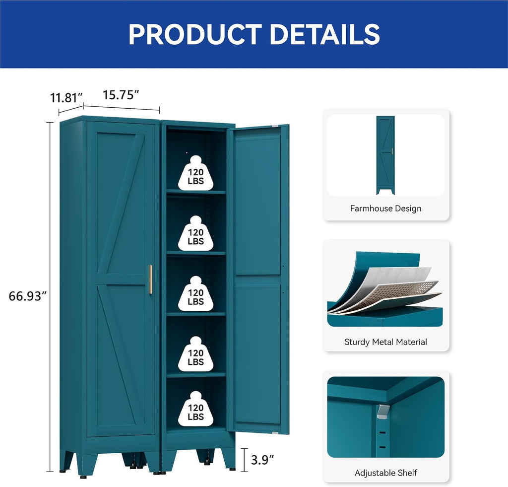 COFaR 67'' Tall Narrow Bathroom Storage Cabinet, Metal Farmhouse Skinny Pantry Cabinet with 4 Adjustable Shelves and One Door, Slim Cabinet Storage for Kitchen Laundry, 5-Tier Peacock Blue