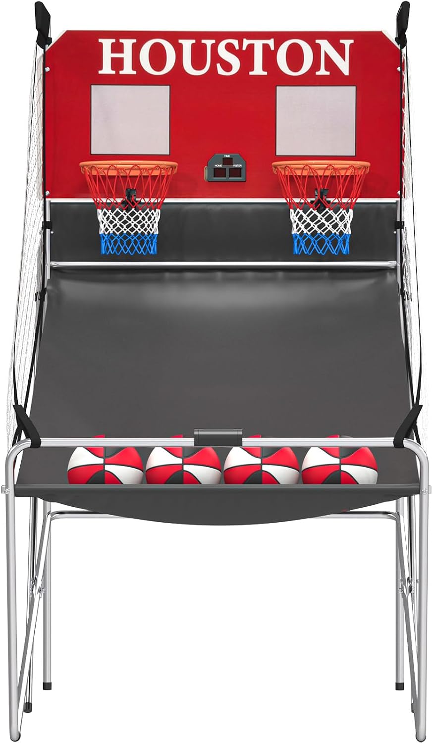 Basketball Arcade Game Indoor, Dual Shot Electronic Basketball with 8 Play Modes, LCD Score Display, and 4 Rubber Balls, Indoor Basketball Arcade Game for Home, Red