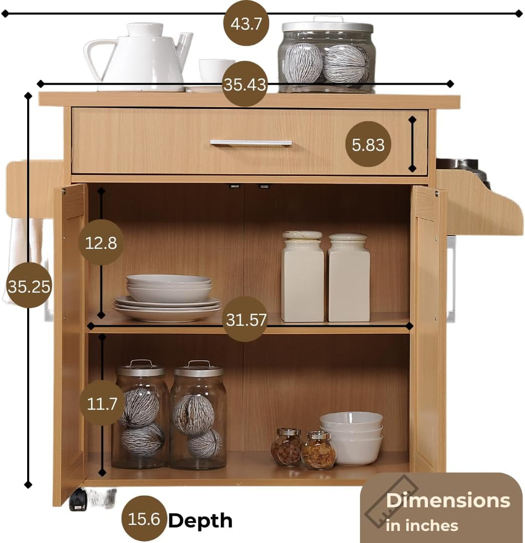 Hodedah Rolling Wood Kitchen Island Cart with Spice Rack, Towel Rack, Utensil Drawer plus Cabinet, Beech