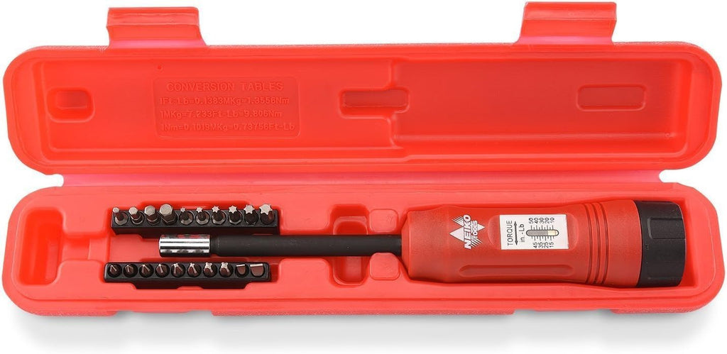 NEIKO 10573B 1/4' Torque Screwdriver Set, 20 Hex Bits, 10 to 50 In-Lbs, Long Shank Screwdriver Torque Wrench, Adjustable Inch-Pound Torque Screwdriver for HVAC and Gunsmiths (Pack of 25)