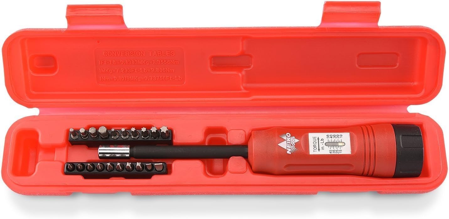 NEIKO 10573B 1/4' Torque Screwdriver Set, 20 Hex Bits, 10 to 50 In-Lbs, Long Shank Screwdriver Torque Wrench, Adjustable Inch-Pound Torque Screwdriver for HVAC and Gunsmiths (Pack of 25)