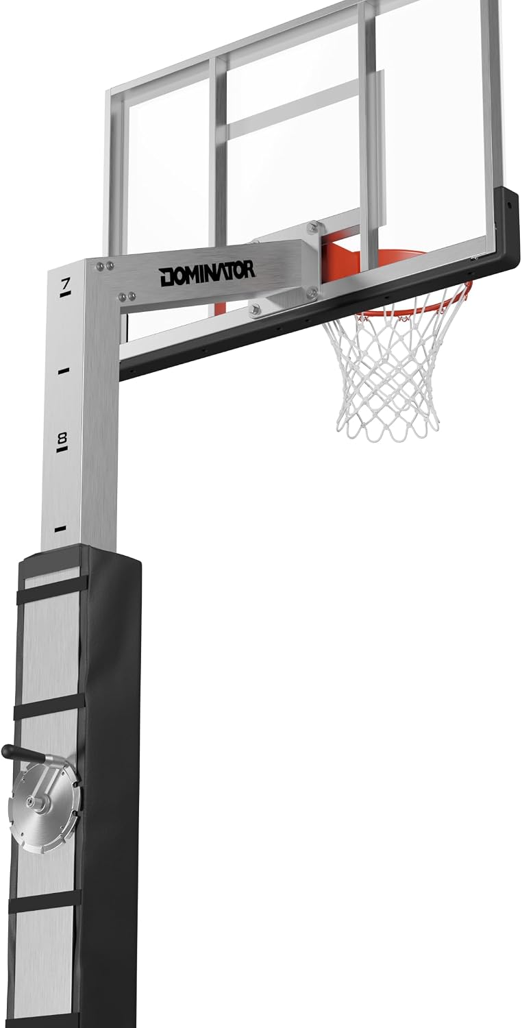 DOMINATOR Premium Inground Adjustable Basketball Hoop - 54' Backboard w/ 2.5' Overhang - Aluminum Adjustable Basketball Goal - Adjusts from 7.5' - 10', Made of Heavy Duty Rust Proof Aluminum