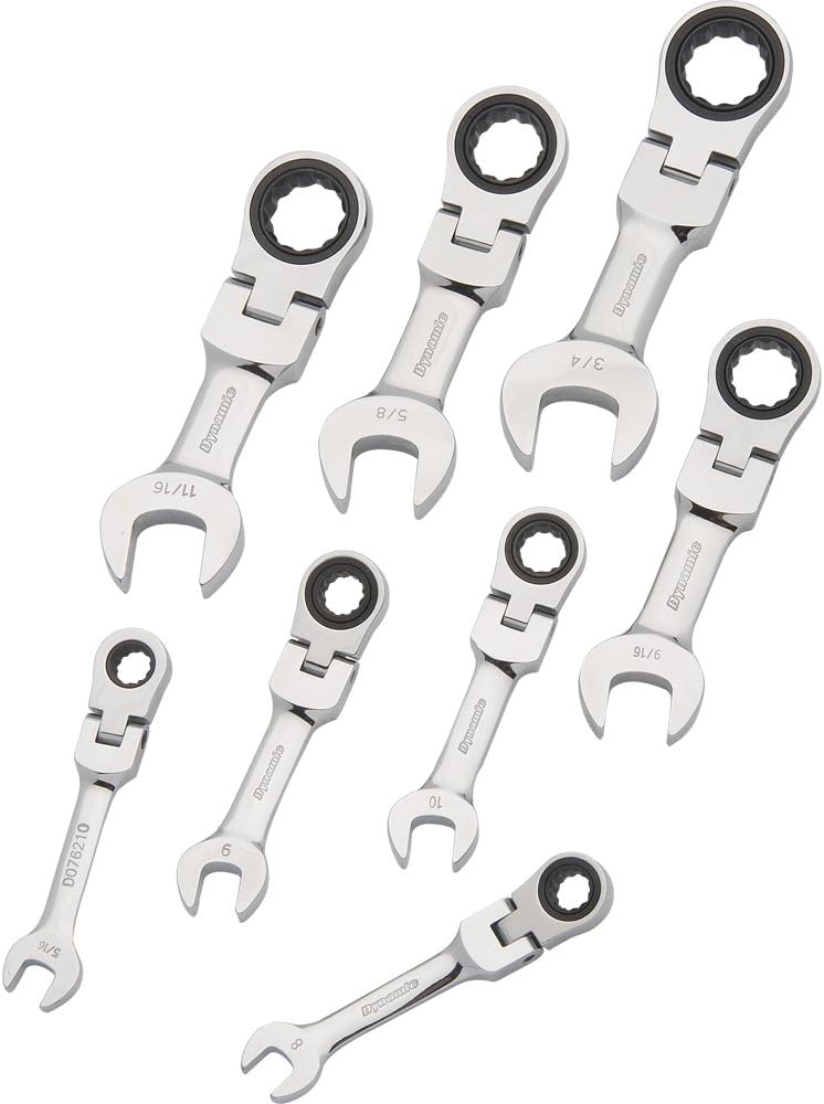 Dynamic Tools 8 Piece Sae Stubby Flex Head, Combination Ratcheting Wrench Set, 5/16' - 3/4'