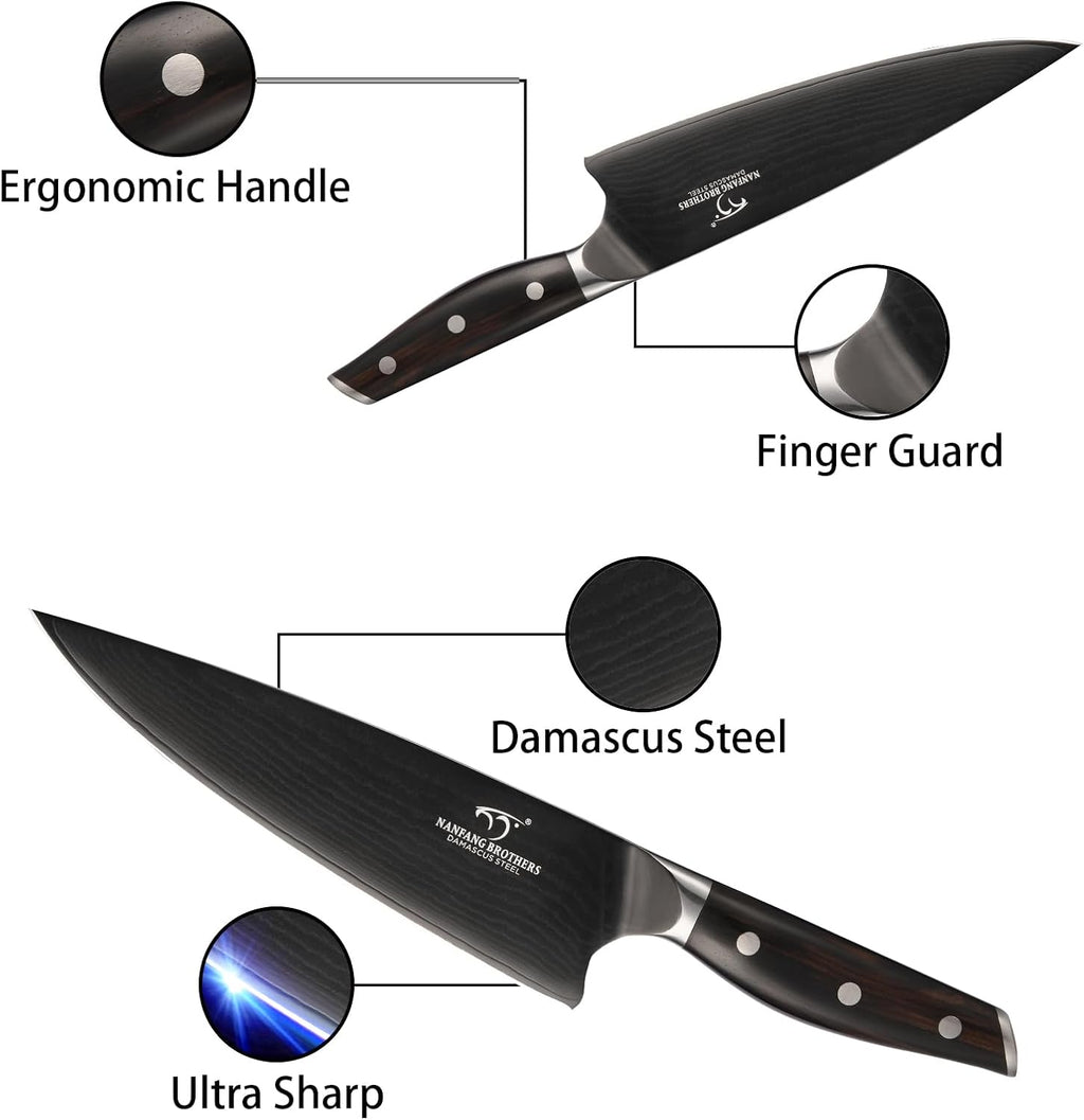 7-Piece Damascus Knife Set with VG10 Core Blades, 67-Layer Damascus Steel, Black Titanium Coated Kitchen Knives for Polished Ebony Wood Handle for a Comfortable, Ultra Sharp Chef Knife Set