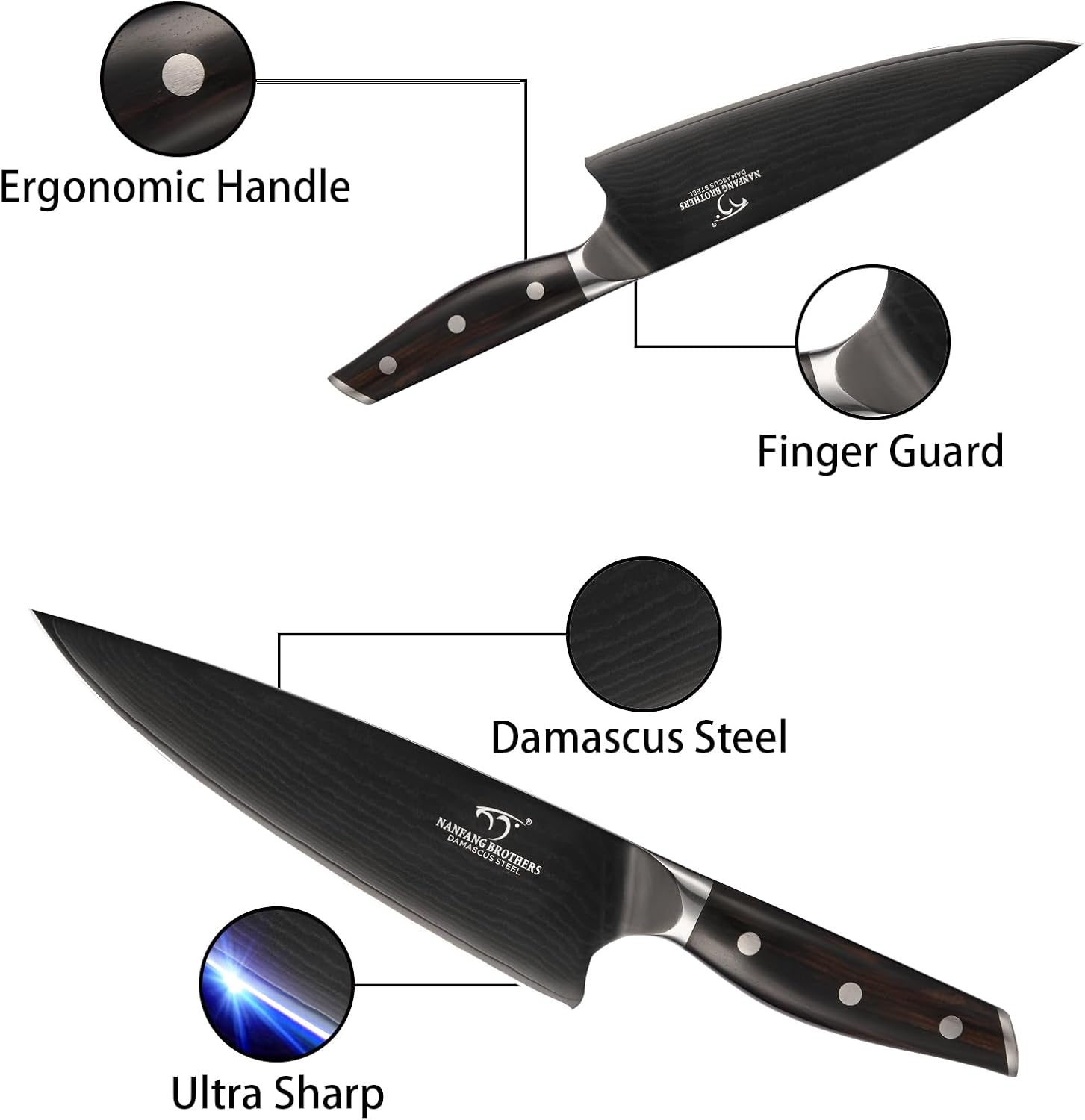 7-Piece Damascus Knife Set with VG10 Core Blades, 67-Layer Damascus Steel, Black Titanium Coated Kitchen Knives for Polished Ebony Wood Handle for a Comfortable, Ultra Sharp Chef Knife Set
