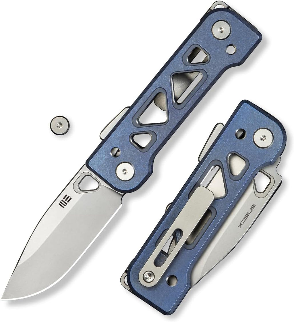 WeKnife Tyro Pocket Knife for Men, Superlock Folding Knife with 4-position Pocket Clip, 2.91' CPM 20CV Steel Blade 6AL4V Titanium Handle, Designed by Snecx Tan WE24001-4 (Blue)