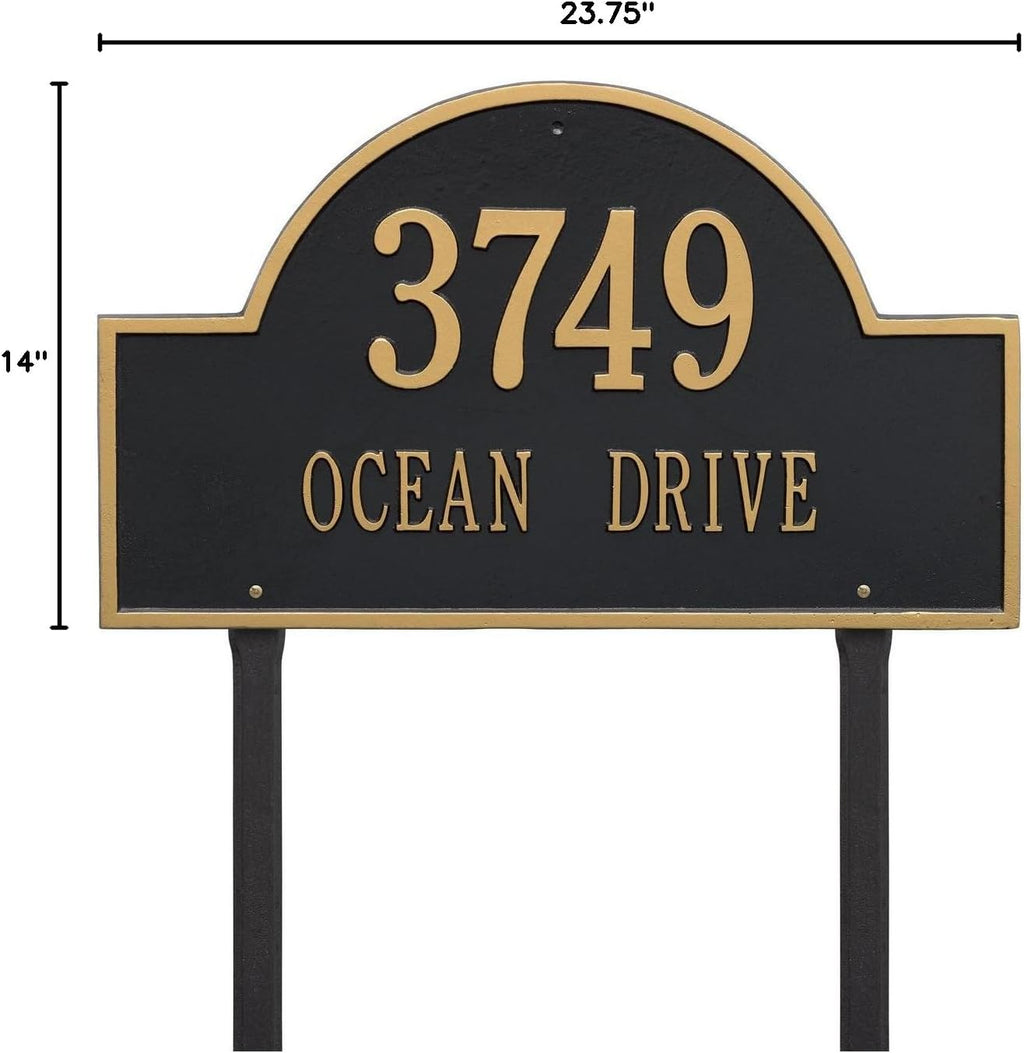 Whitehall Custom Arch Marker Estate Lawn 2 Line Aluminum Address Plaque 23.75'W x 14'H - Made in USA, Home Decor, Outdoor Decor, Housewarming Gift, Metal Customized Address Sign - Finish: Black Gold