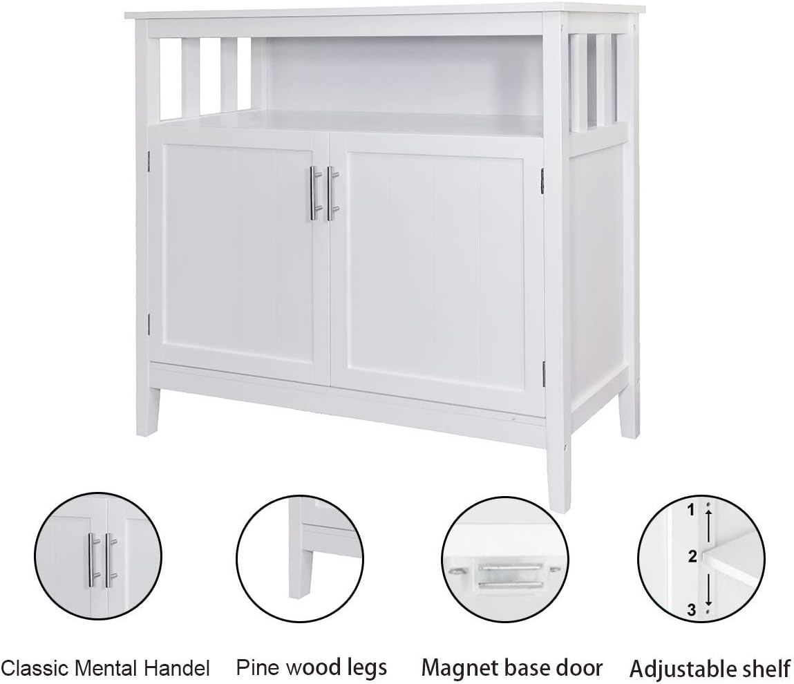 RASOO Buffet Cabinet White Kitchen Sideboard Buffet Storage Server Cupboard Cabinet Console Table with 2 Doors and Adjustable Shelf