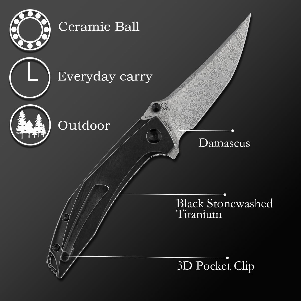 KANSEPT Baku Pocket Folding Knives for Men EDC Camping Folding Knife 3.2'' Damascus Material Outdoor Folding Knives with Black Stonewashed Titanium Handle Everyday Carry K1056A5