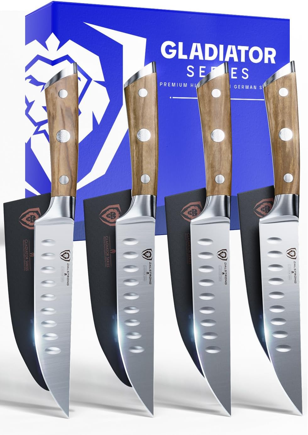 Dalstrong Non Serrated Steak Knives Set of 4-5 inch Straight Blade Steak Knife Set - Sheaths - Forged German Steel - Olive Wood G10 Handle - Gladiator Series Dinner Set - NSF Cuchillos para Carne
