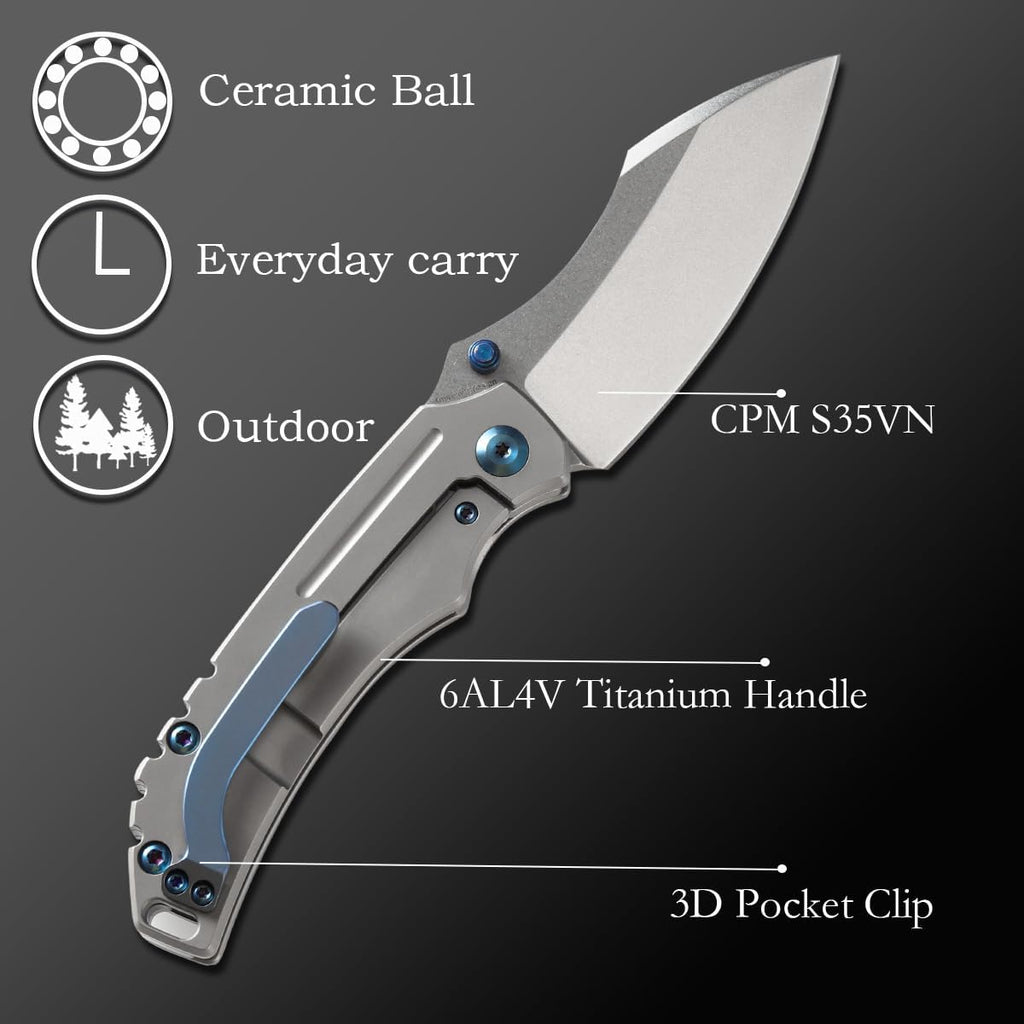 KANSEPT Pelican EDC Camping Pocket Knives for Men 7in Folding Pocket Knives with 3in CPM-S35VN Material and 6AL4V Titanium Handle for Outdoor, Tactical, Survival K1018A3