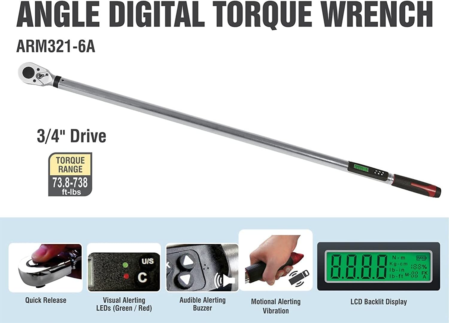 ACDelco Tools ARM321-6A 3/4' Heavy Duty Torque Wrench with LED Flash Notification - ISO 6001 Standards with Certificate of Calibration
