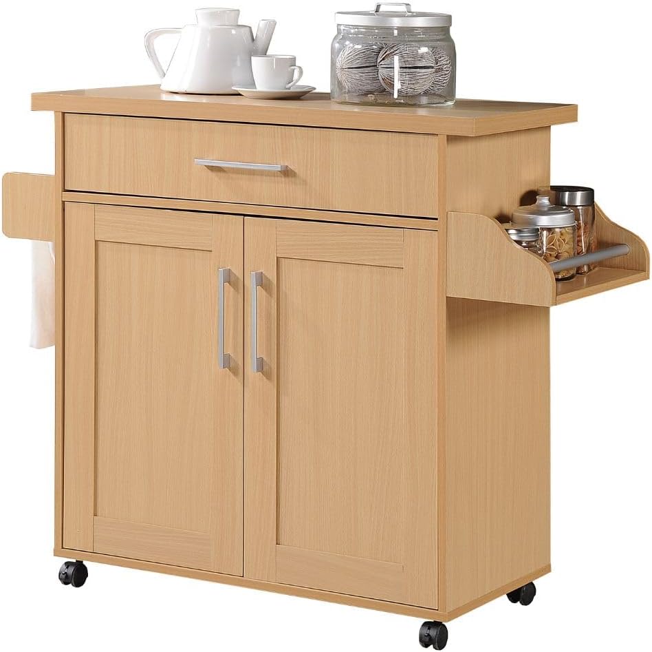 Hodedah Rolling Wood Kitchen Island Cart with Spice Rack, Towel Rack, Utensil Drawer plus Cabinet, Beech