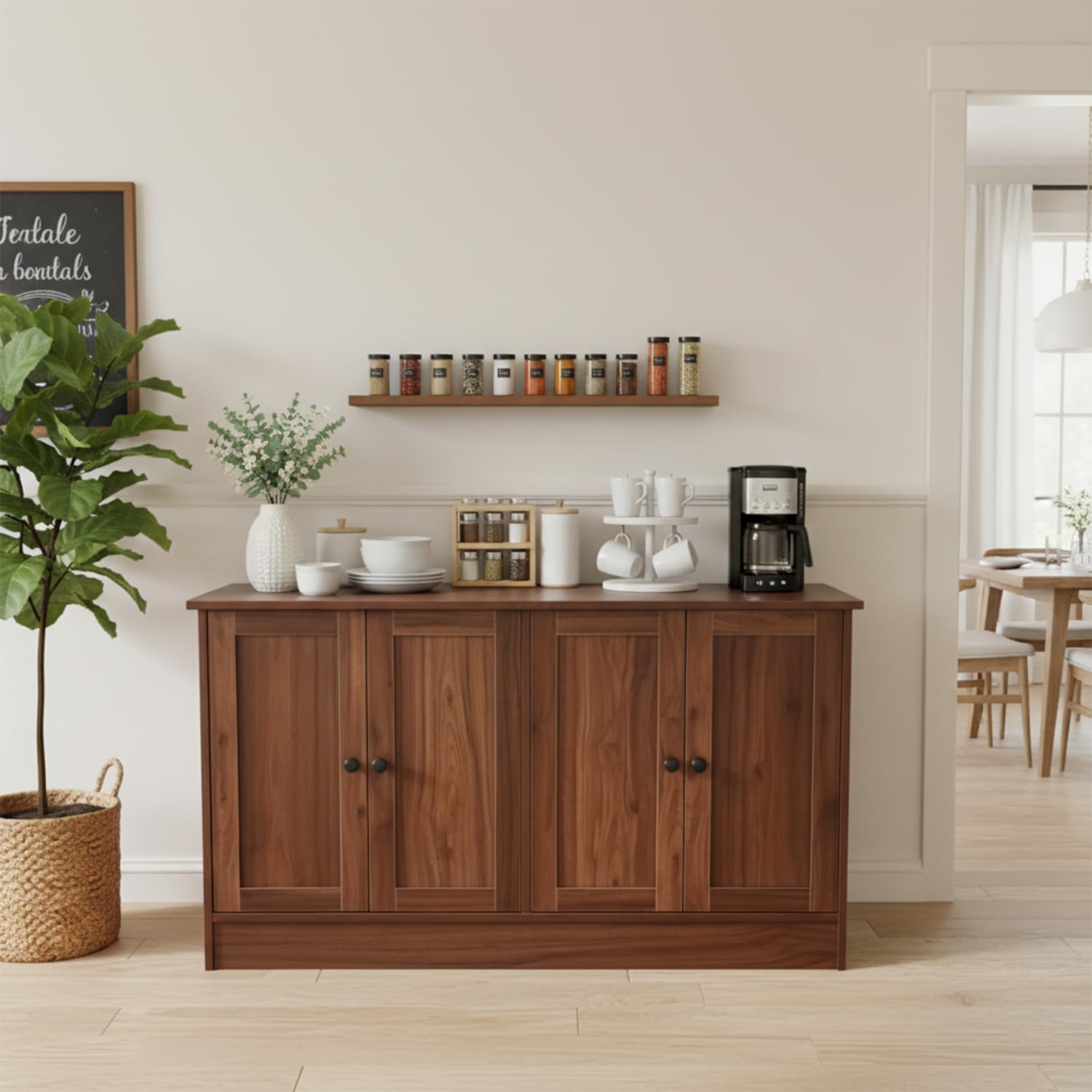 holzart Rustic Brown Buffet Cabinet with Storage, 49' Farmhouse Kitchen Sideboard with 4 Doors, Industrial Coffee Bar Cabinet & Console Table for Dining Room, Living Room