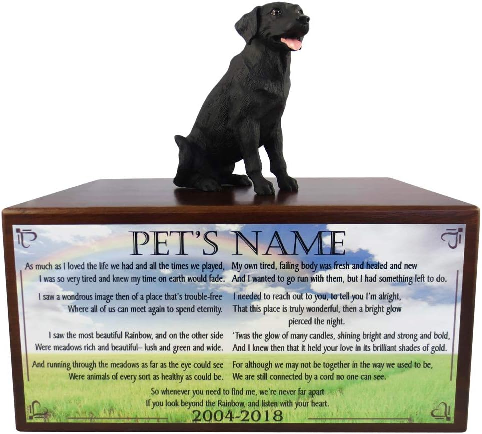 Wooden Pet Urns for Dogs with Black Labrador Figurine & Poem Beyond The Rainbow | Personalized Dog Memorial Urn for Ashes | Medium Paulownia Pet Urn for Lab | Pet Memorial | Conversation Concepts