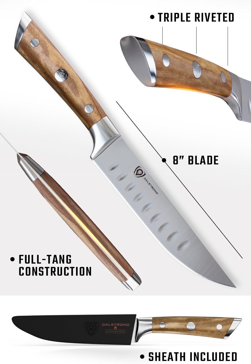 Dalstrong Non Serrated Steak Knives Set of 4-5 inch Straight Blade Steak Knife Set - Sheaths - Forged German Steel - Olive Wood G10 Handle - Gladiator Series Dinner Set - NSF Cuchillos para Carne
