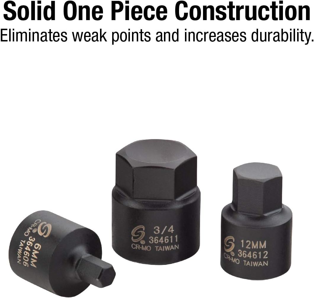 Sunex 2637L, ½' Drive, 6' Long Master Impact Hex Driver Set & Sunex 3646, 3/8 Inch Drive Low Profile Impact Hex Driver Set, 16-Piece, SAE/Metric, 1/4 Inch - 3/4 Inch, 6mm - 19mm