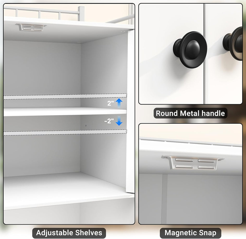 Industrial Style White Kitchen Pantry Cabinet, Tall Kitchen Hutch with Microwave Stand, Food Storage Cabinet with 6 Side Shelves and 2 Doors for Dining Room, and Living Room