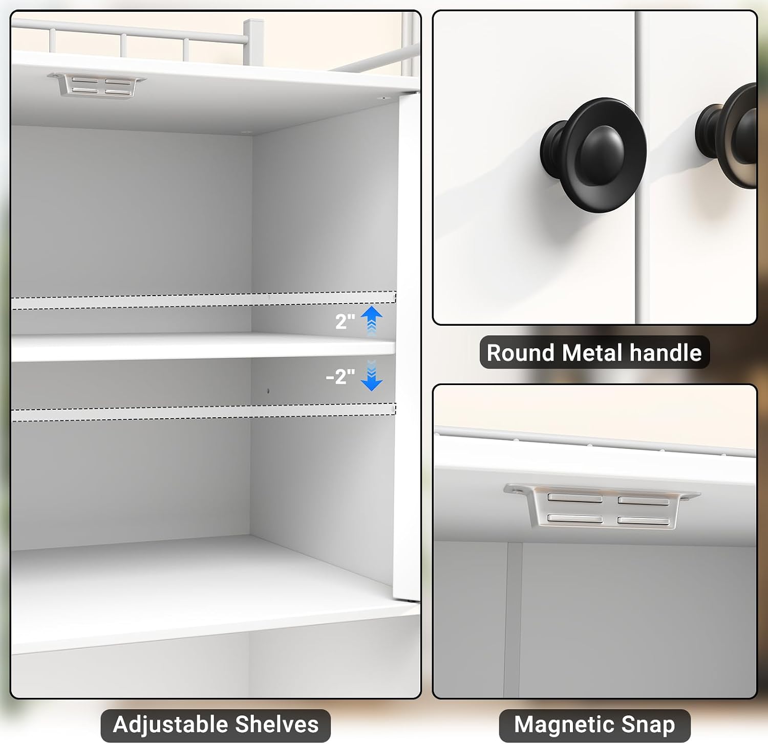 Industrial Style White Kitchen Pantry Cabinet, Tall Kitchen Hutch with Microwave Stand, Food Storage Cabinet with 6 Side Shelves and 2 Doors for Dining Room, and Living Room