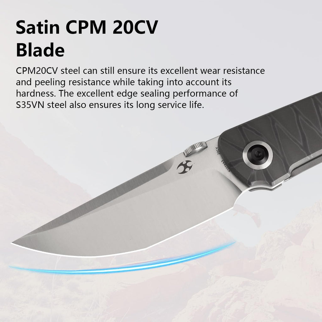 KANSEPT Tarkin Camping Pocket Knives for Men 7.87in Folding Pocket Knives with 3.42in Satin CPM20CV Material and Tiger Stripe Flamed Titanium Handle for Outdoor, Tactical, Survival K1078A3