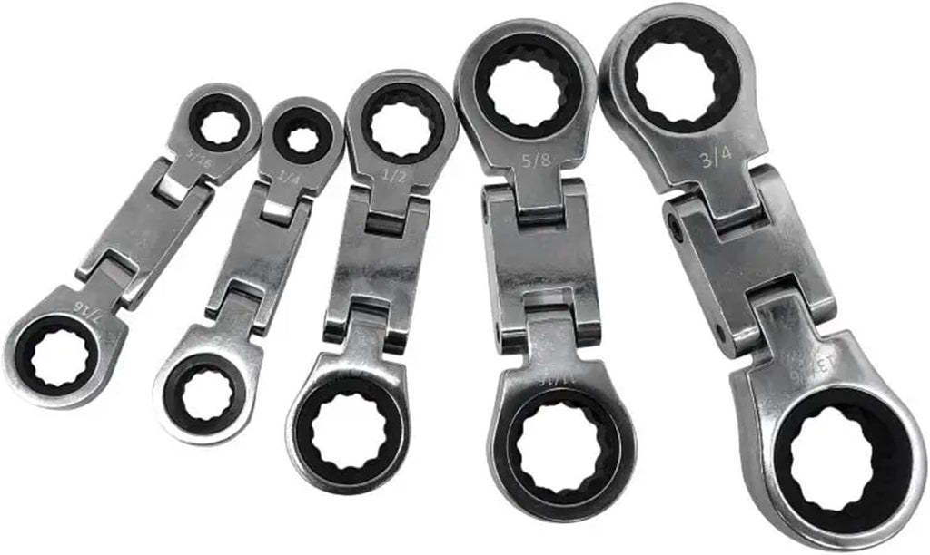 1pc Stubby Wrenches Set, Flex Head Ratcheting Wrench Set Double Box End Ratchet Wrench SAE 1/4-3/4IN 5 Pieces