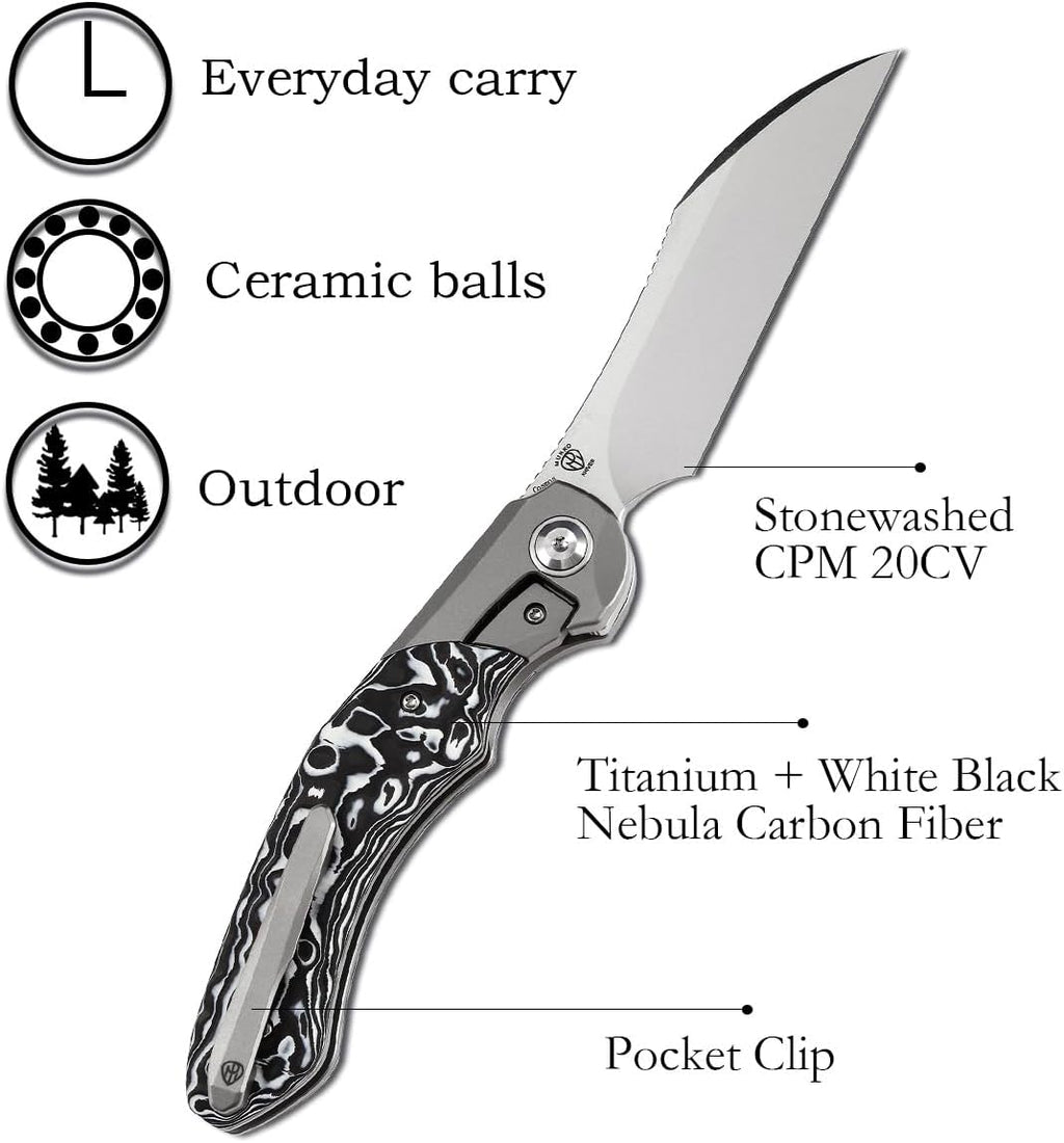 KANSEPT Cosmos Pocket Folding Knives for Men EDC Camping Knife 3.58'' CPM 20CV Blade Material Pocket Folding Knife with Titanium White Black Nebula Carbon Fiber Handle Everyday Carry K1059A2