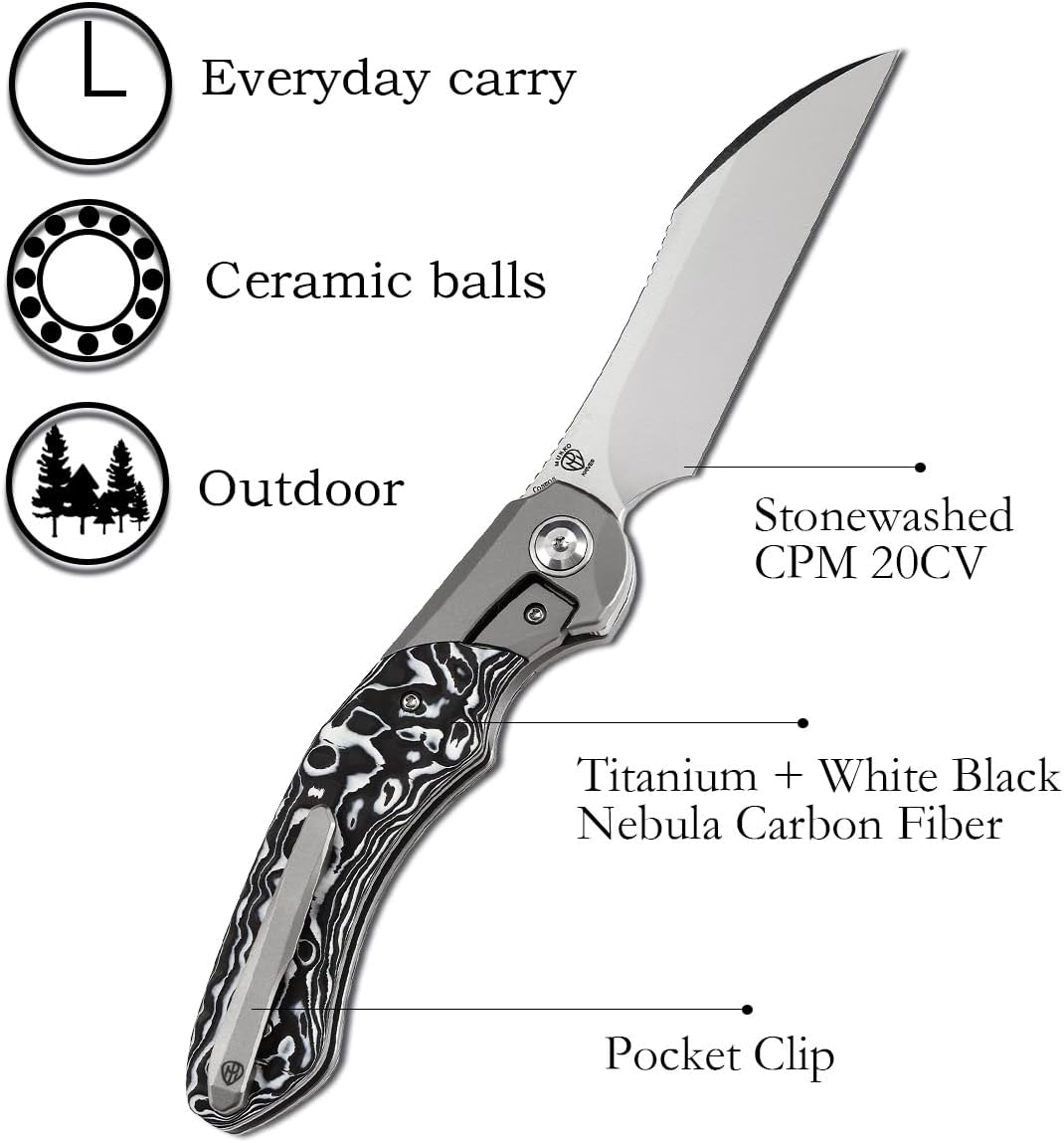 KANSEPT Cosmos Pocket Folding Knives for Men EDC Camping Knife 3.58'' CPM 20CV Blade Material Pocket Folding Knife with Titanium White Black Nebula Carbon Fiber Handle Everyday Carry K1059A2