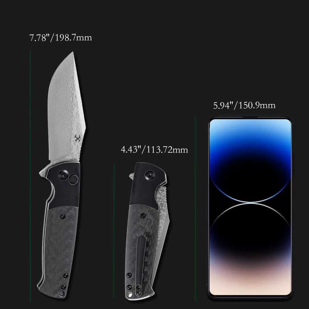 KANSEPT Shikari SBL Pocket Knives EDC Camping Folding Knife3.35'' Damascus Material Pocket Folding Knife with Black Stonewashed Titanium Twill Carbon Fiber Handle Everyday Carry K2027D1