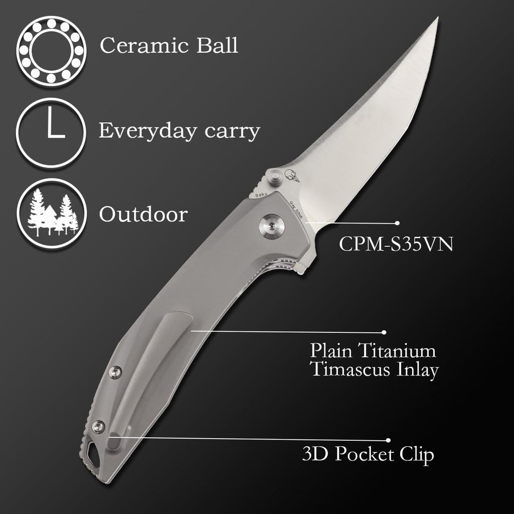 KANSEPT Baku Pocket Folding Knives for Men EDC Camping Folding Knife 3.2'' Satin CPM-S35VN Material Outdoor Folding Knives with Plain Titanium Timascus Inlay Handle Everyday Carry K1056A8