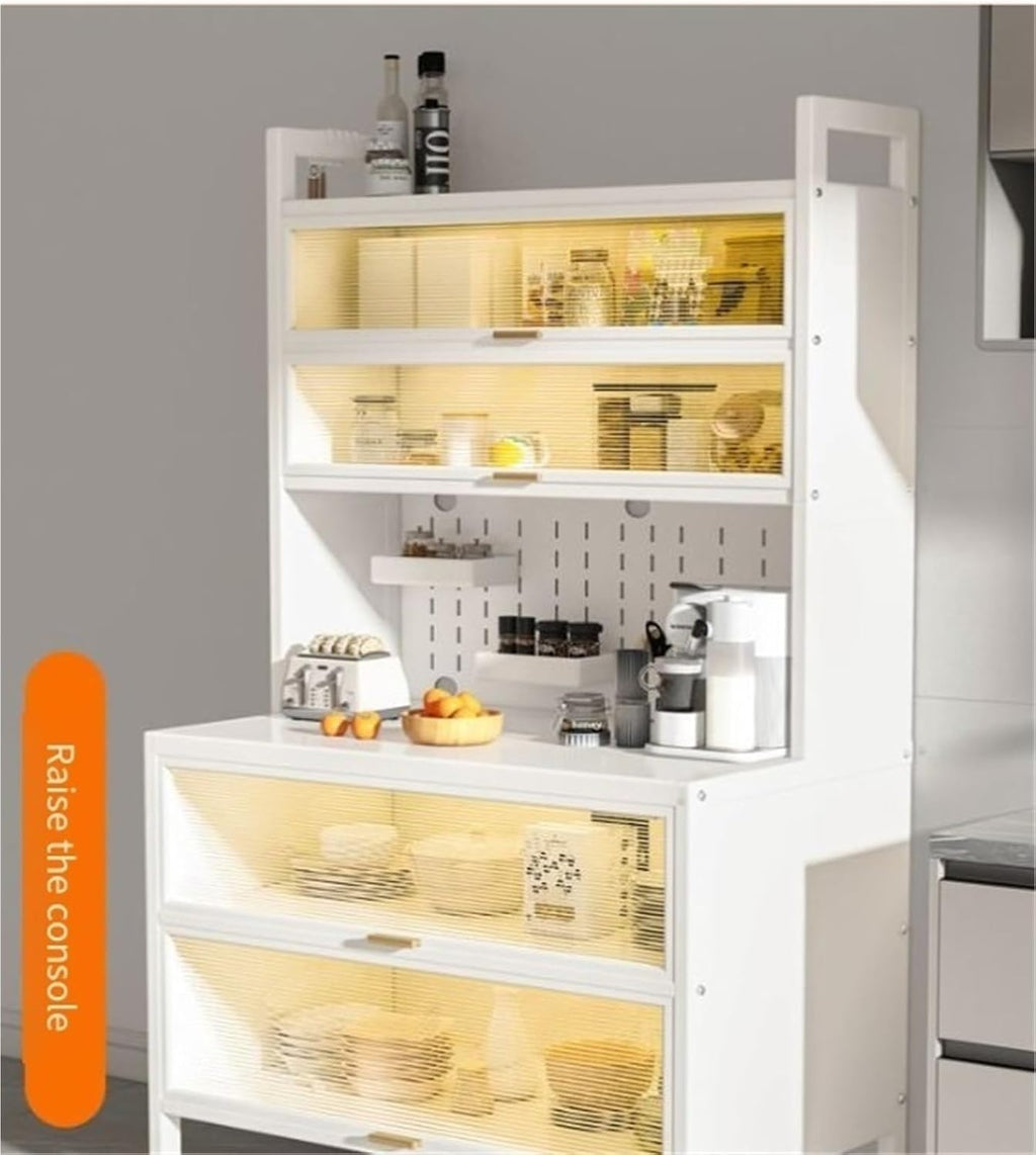 Storage Cabinet Kitchen Pantry Shelf Microwave 6-Tier Stand with Storage with Flip Door and Wheels Metal Sideboard Baker's Rack Coffee Pub for Spices Pots Pans,White 100cm