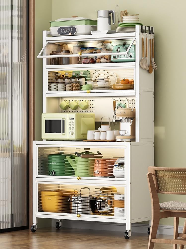 White Baker's Rack with Storage Drawer - Microwave Stand & Cabinet, Metal Shelves for Kitchen, Garage, Pantry, Spices, Flip Door & Pegboard Accessories, Space-Saving Organizer