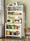 White Baker's Rack with Storage Drawer - Microwave Stand & Cabinet, Metal Shelves for Kitchen, Garage, Pantry, Spices, Flip Door & Pegboard Accessories, Space-Saving Organizer