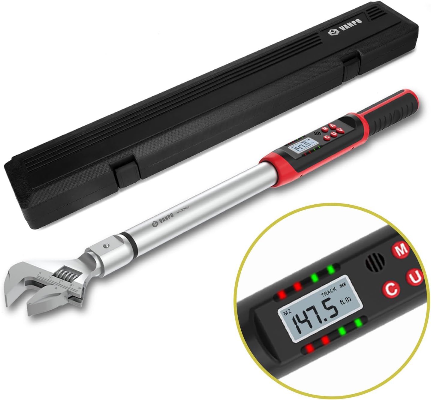VANPO Digital HVAC Torque Wrench 7.4-147.6 ft.lb, 38mm Adjustable Jaw | 10-200 N.m, ±2% Accuracy, LED Buzzer Alert, 14x18mm Open End, Adjustable Digital Torque Wrench for Mini Split AC, Pipeline