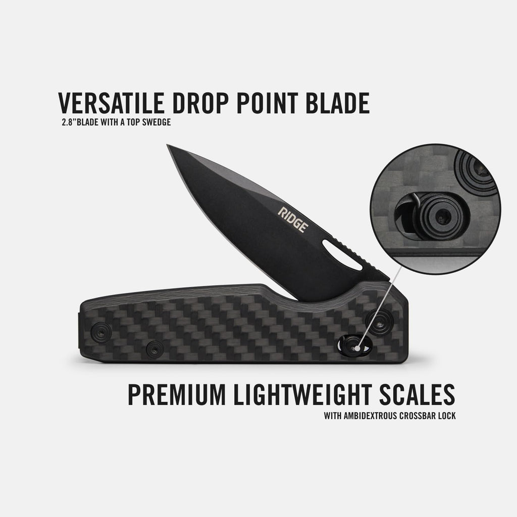 Ridge Everyday Folder Knife - Premium EDC Pocket Knife, Sandvik 14C28N Steel Drop Point Blade with Black DLC Finish, Ceramic Bearings, Deep Carry Clip & Multipurpose Design (Carbon Fiber 3K)