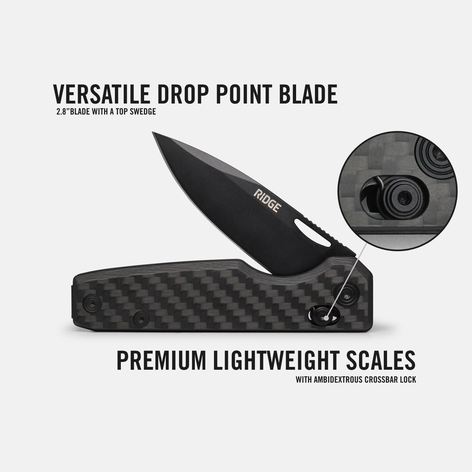 Ridge Everyday Folder Knife - Premium EDC Pocket Knife, Sandvik 14C28N Steel Drop Point Blade with Black DLC Finish, Ceramic Bearings, Deep Carry Clip & Multipurpose Design (Carbon Fiber 3K)
