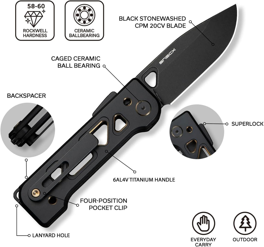 WeKnife Tyro Pocket Knife for Men, Superlock Folding Knife with 4-position Pocket Clip, 2.91' CPM 20CV Steel Blade 6AL4V Titanium Handle, Designed by Snecx Tan WE24001-1 (Black)