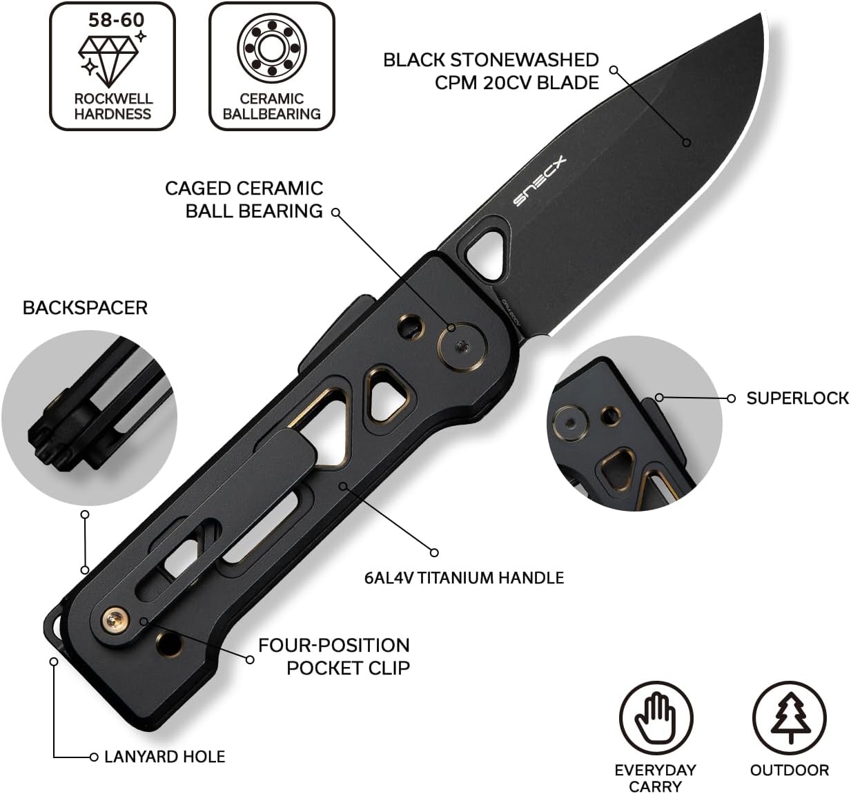 WeKnife Tyro Pocket Knife for Men, Superlock Folding Knife with 4-position Pocket Clip, 2.91' CPM 20CV Steel Blade 6AL4V Titanium Handle, Designed by Snecx Tan WE24001-1 (Black)