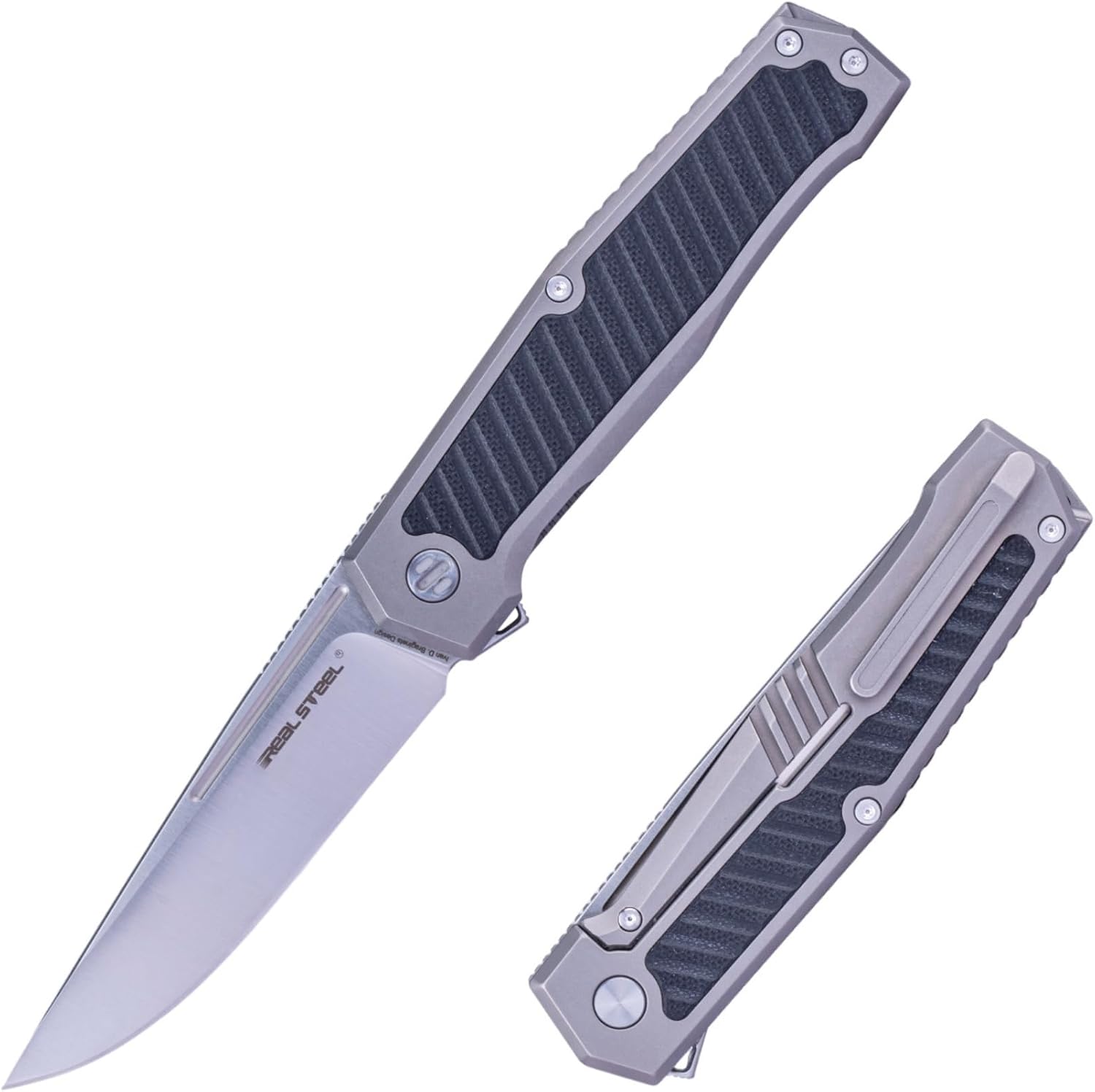 REALSTEEL Knives Rokot Premium Frame Lock Flipper Knife (S35VN Satin Drop Point Blade) Titanium TC-4 Handle with Black G10 Inlays