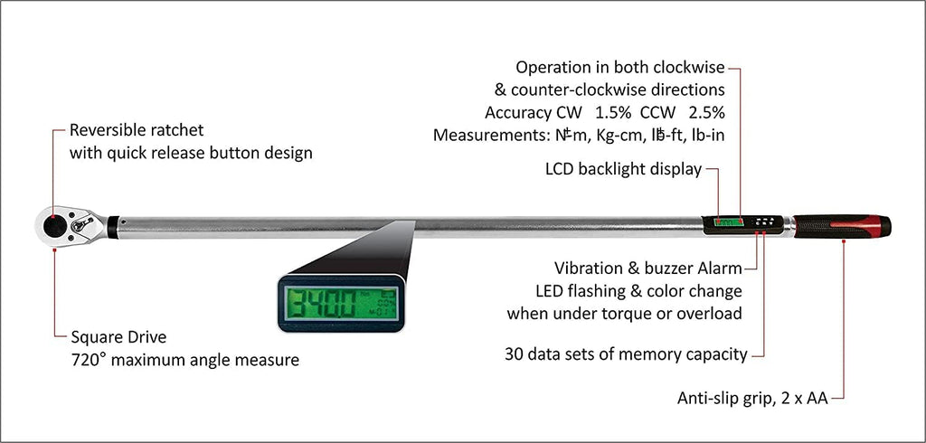 ACDelco Tools ARM321-6A 3/4' Heavy Duty Torque Wrench with LED Flash Notification - ISO 6001 Standards with Certificate of Calibration