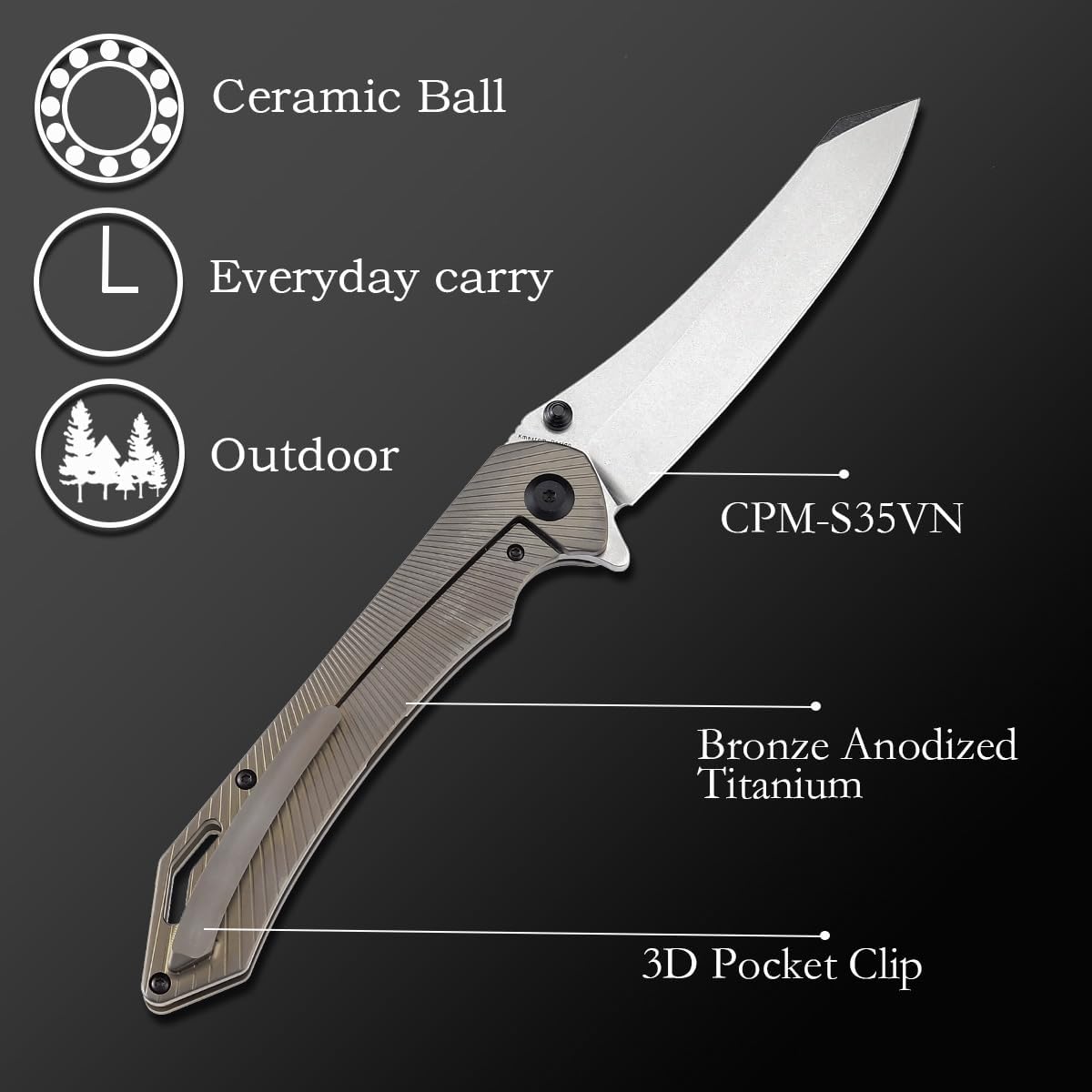 KANSEPT Colibri Tech Pocket Folding Knives for Men EDC Camping Folding Knife 4.34'' CPM S35VN Blade Material Pocket Folding Knife with Bronze Anodized Titanium Handle Everyday Carry K1060A2