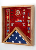 Military Medal & 3x5 Flag Display Case - Shadow Box (Navy Emblem / Blue Velvet)