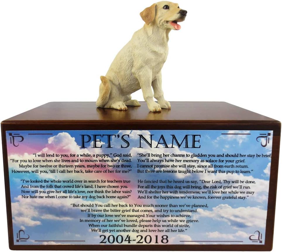 Wooden Pet Urns for Dogs with Yellow Labrador Figurine & Poem Lend Me A Puppy | Personalized Dog Memorial Urn for Ashes | Medium Paulownia Pet Urn for Lab | Pet Memorial | Conversation Concepts