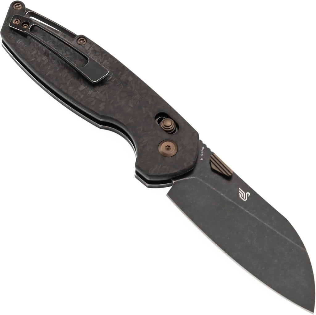 KANSEPT Model 6 Folding Knife, 3.1'' Blackwash CPM S35VN Sharp Blade, Shred Carbon Fiber Handle with Crossbar Lock, Thumb Stud Pocket Clip for EDC, Camping, Hiking K1022V1