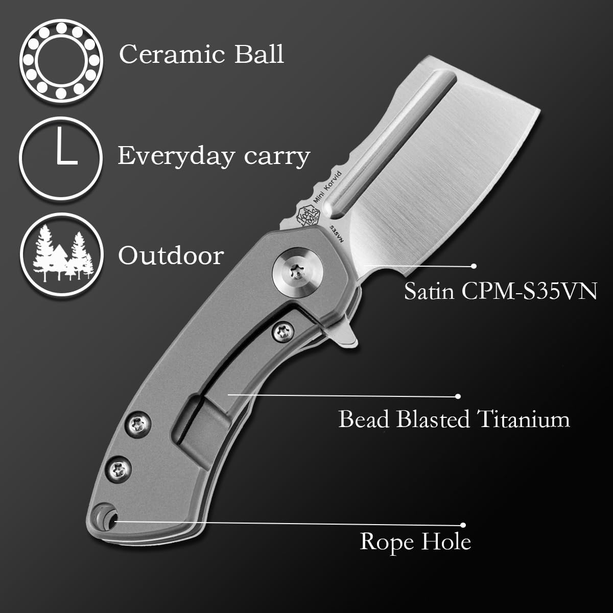 KANSEPT Knives Mini Korvid Cleaver Mini Pocket Knife for Men 1.45'' Satin CPM-S35VN Blade,Bead Blasted Titanium Handle,EDC Folding Knife K3030A2