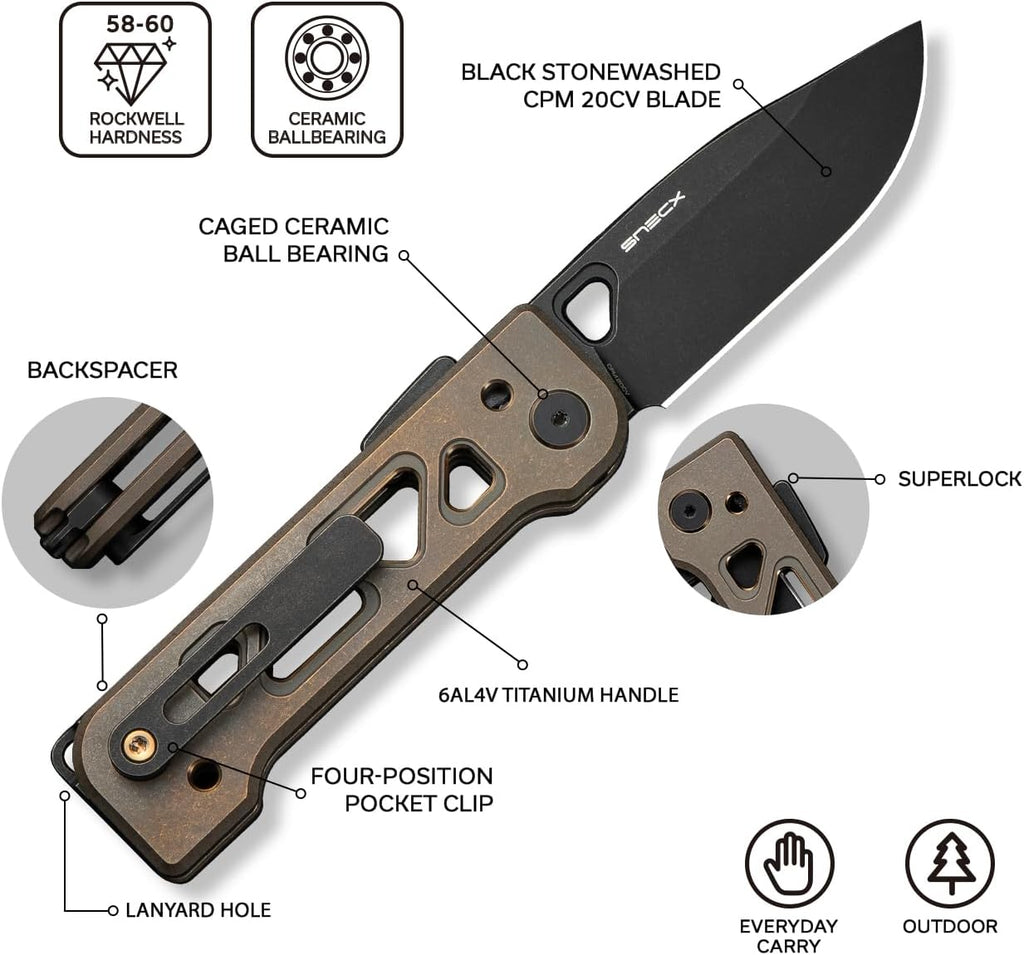 WeKnife Tyro Pocket Knife for Men, Superlock Folding Knife with 4-position Pocket Clip, 2.91' CPM 20CV Steel Blade 6AL4V Titanium Handle, Designed by Snecx Tan WE24001-3 (Bronze)