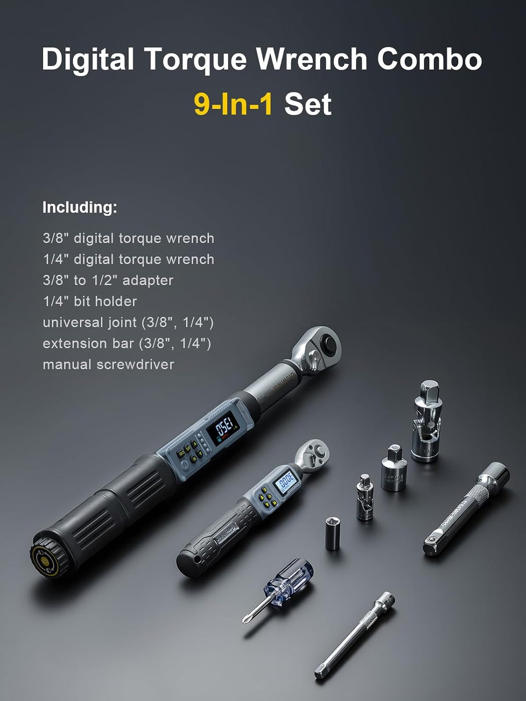 GROWNEER Digital Torque Wrench Set, 1/4' Drive 1.1-22.1 Ft-lbs/1.5-30Nm & 3/8'' Drive 7.38-147.5 Ft-lbs/6.8-135Nm Electronic Torque Wrench Combo with Buzzer & LED Indicator for Motor Car Repair