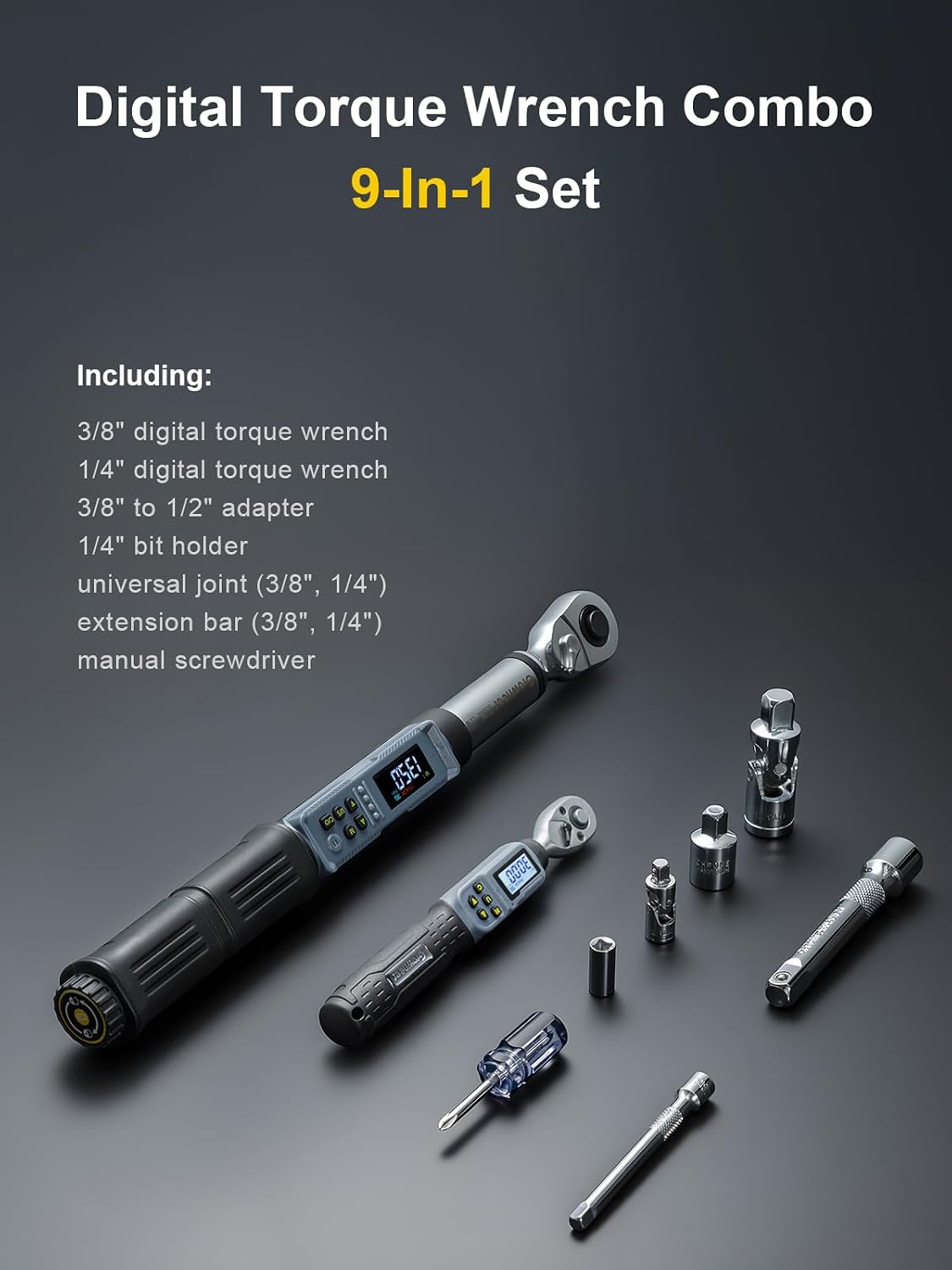 GROWNEER Digital Torque Wrench Set, 1/4' Drive 1.1-22.1 Ft-lbs/1.5-30Nm & 3/8'' Drive 7.38-147.5 Ft-lbs/6.8-135Nm Electronic Torque Wrench Combo with Buzzer & LED Indicator for Motor Car Repair