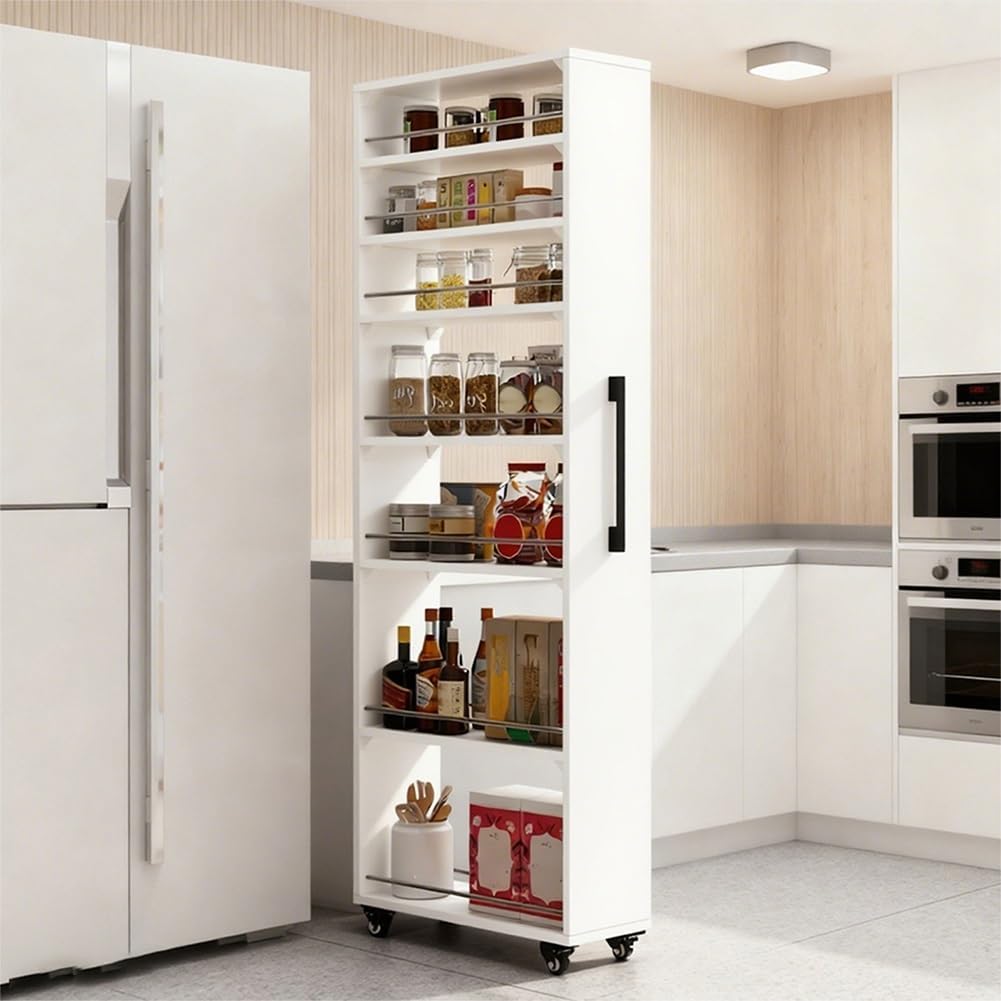 7-Tier Slim Storage Cart, Wooden Rolling Pantry Cabinet with Wheels, Shelving Unit Organizer for Kitchen, Bakers Rack, Dining Room, Closet(White,17.7' Dx9.8 Wx72.5 H)